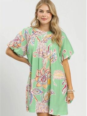Umgee Boho Floral Print Mini Dress with Pockets - Sage